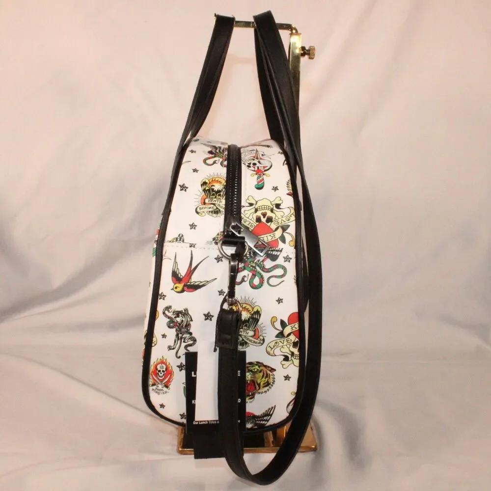 NWT Ed Hardy Insulated Lunch Tote Bag Satchel White Tattoo Flash Crossbody New